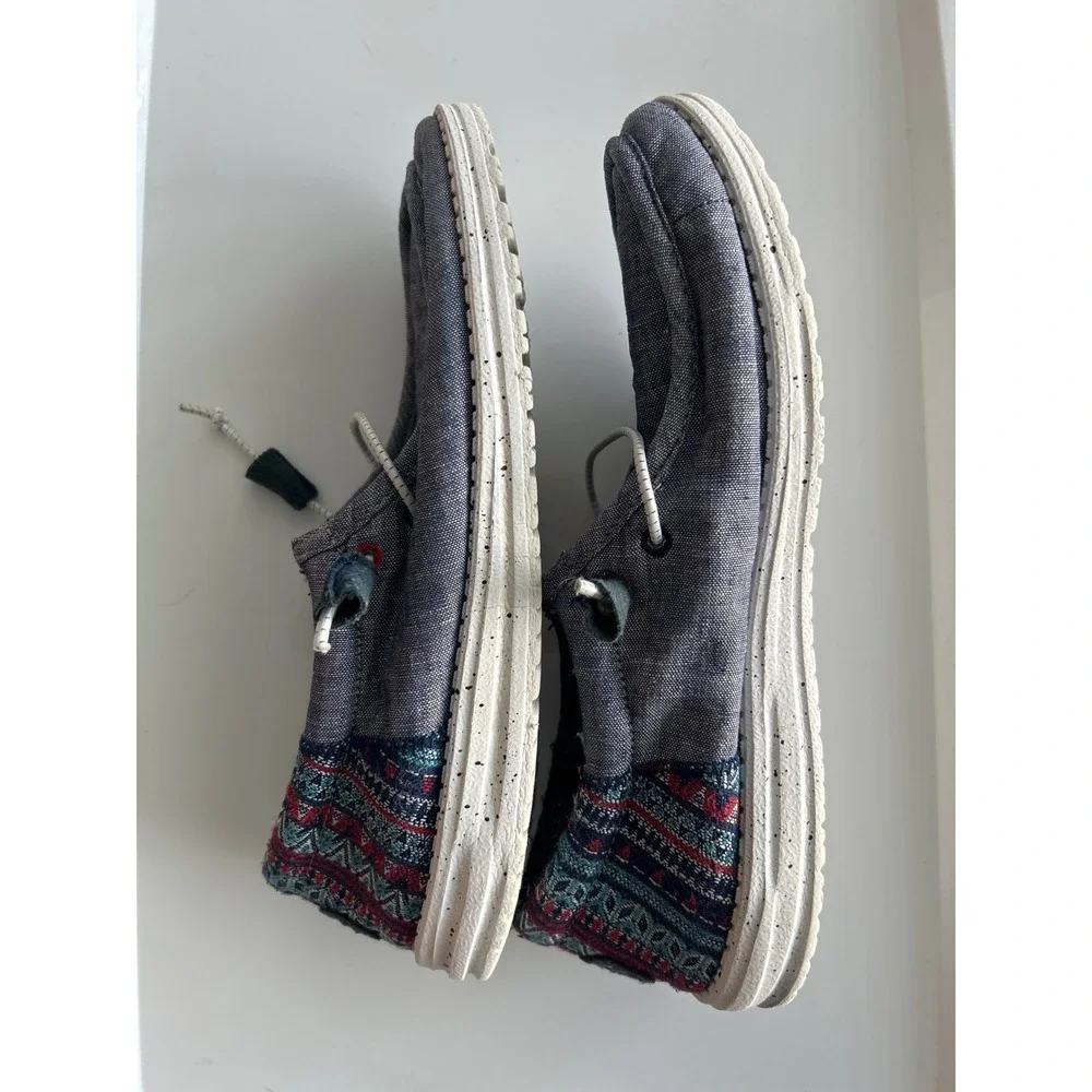 Hey Dude Wally Funk Jacquard Tribe Blue Canvas Slip On Loafers Mens 9 Womens 11